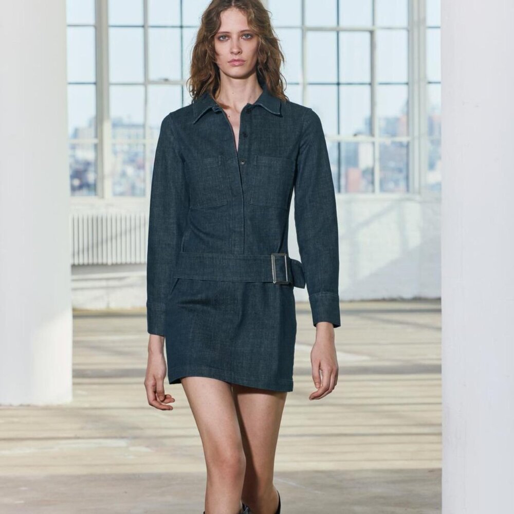 Zara ZW Collection denim belted shirt dress size XS long sleeve button‎ front